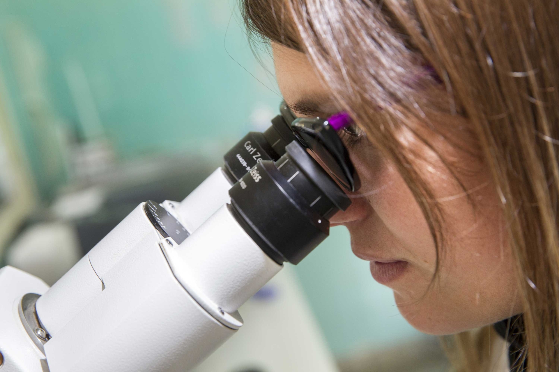 Geneticist looking through microscope